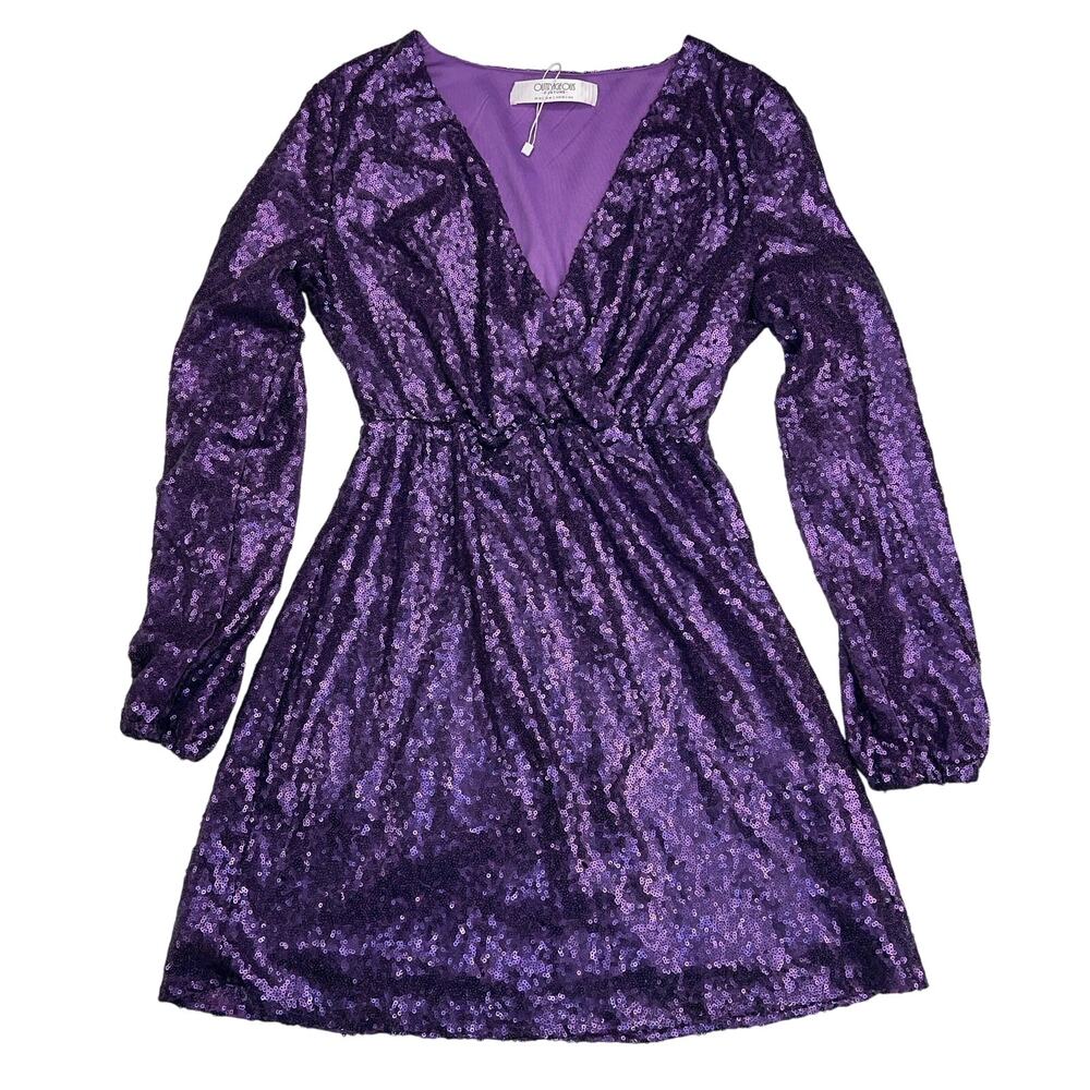 Outrageous Fortune Purple Sequin Mini Dress Long Sleeve V-Neck Party Size S